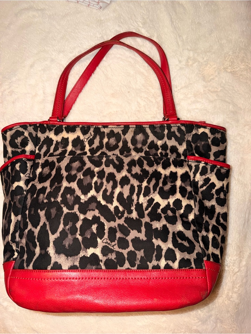 Coach Leopard-Print Tote with Red Leather Accents